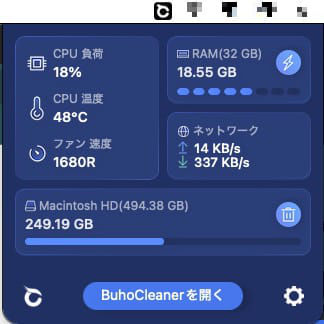 Macクリーナーアプリ BuhoCleanerメニューバーアイコンから見られる画面