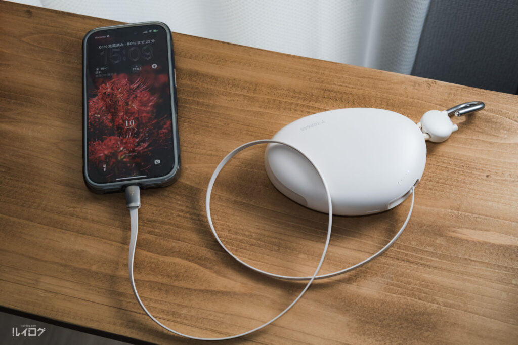 TORRAS FlexLine PebbleモバイルバッテリーでiPhoneを充電中